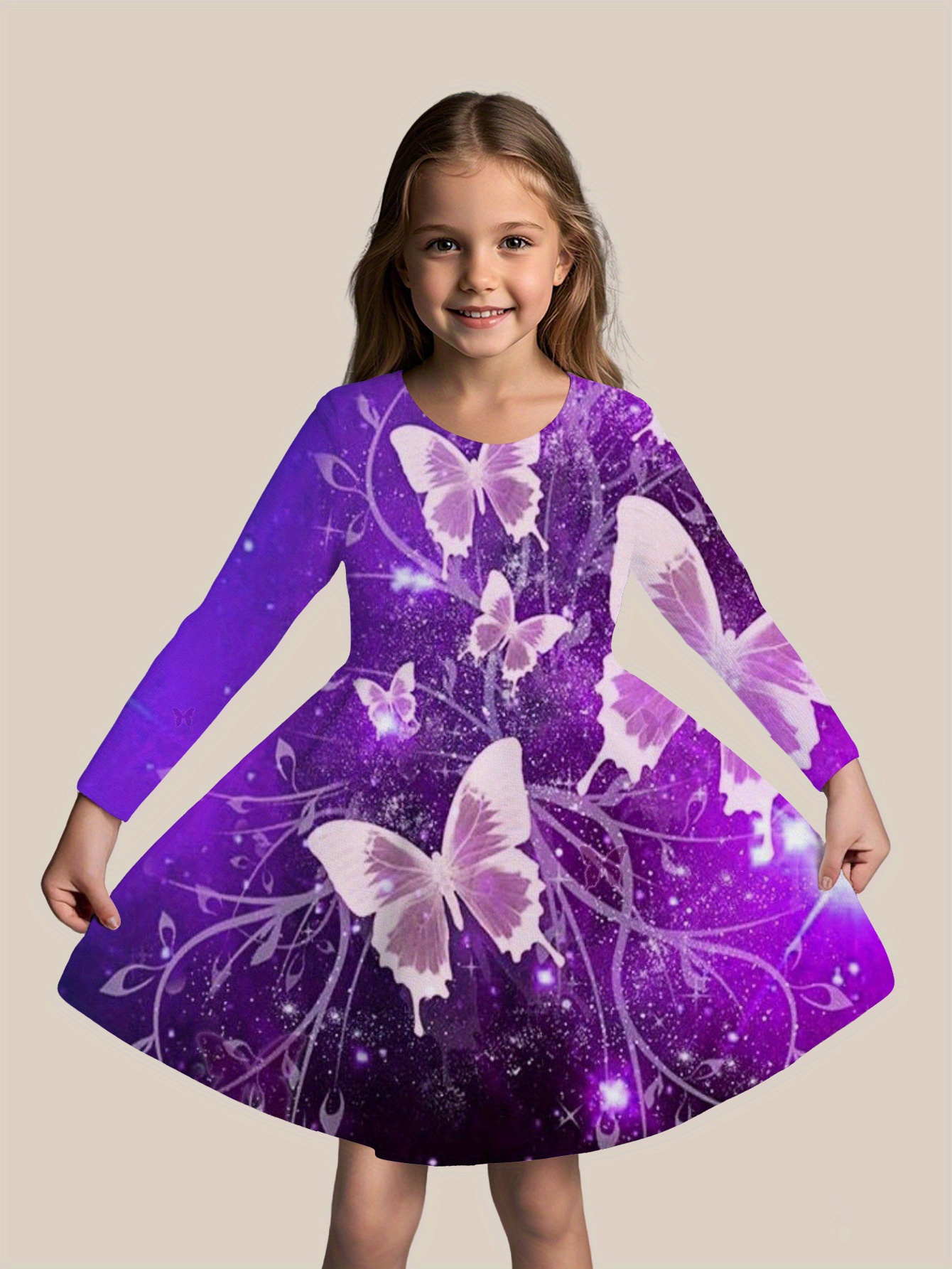 girls' elegant purple long sleeve dress with print and ruffle sleeves, crew  neck, polyester knit fabric, spring/fall fashion for children | Shop Now  For Limited-time Deals | Temu Mauritius