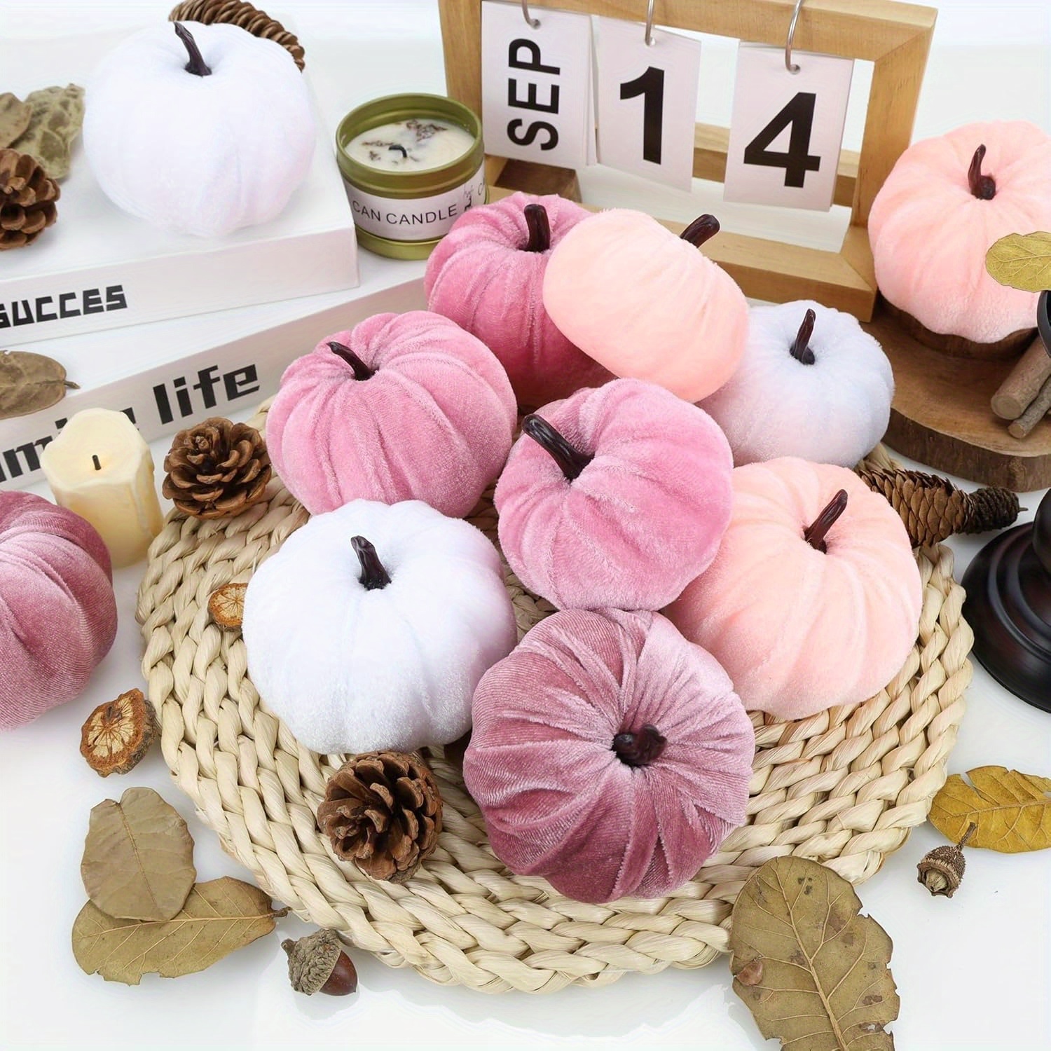 Winlyn Set Mit 4 Künstlichen Samt-Kürbissen – Rosa, Koralle, Pfirsich, Creme Mit Goldfarbenem Stiel, Je 12,7 Cm