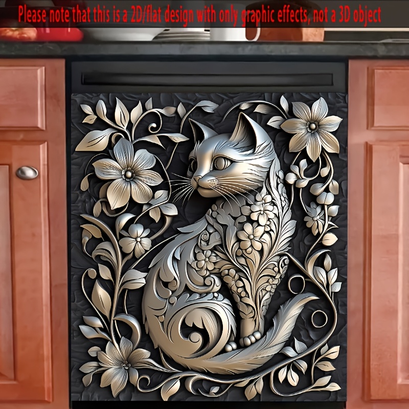 TEMU 1pc 2d Flat Ultra-large Cat And Floral Carved Door Cover Sticker, Suitable For Dishwasher And Refrigerator Doors - Measuring 23.03x25.. A