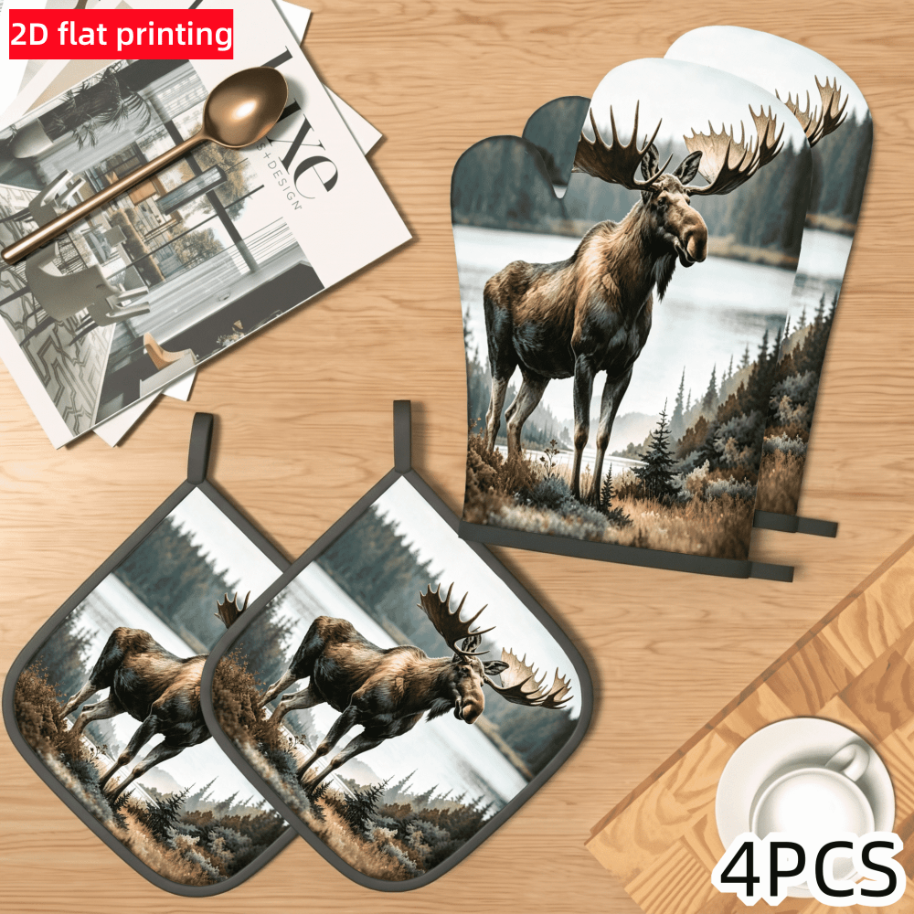 TEMU 4pcs Heat-resistant Oven Mitt & Pot Holder Set With Moose Print - Suitable For Cooking, Baking, Kitchen Decor, Housewarming Gifts, Machine