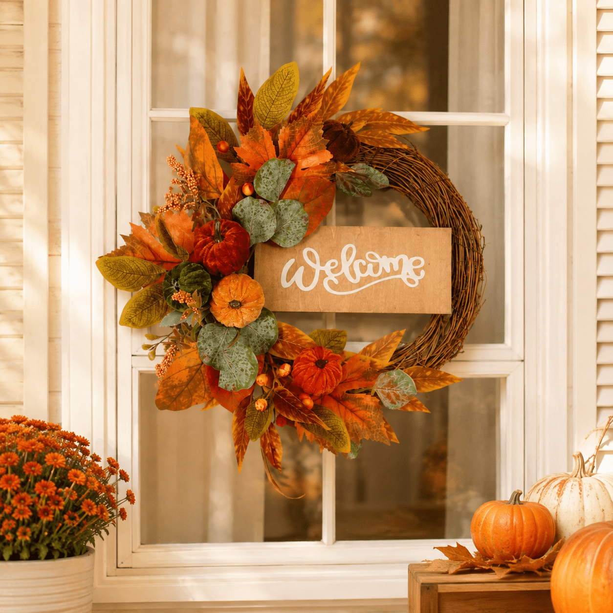 TEMU Hoyvjoy Velvet Pumpkin Welcome Wreath, Orange Autumn Maple Leaf Harvest Wreath With Berries, 1pc Fall Thanksgiving Halloween Front Door Porch