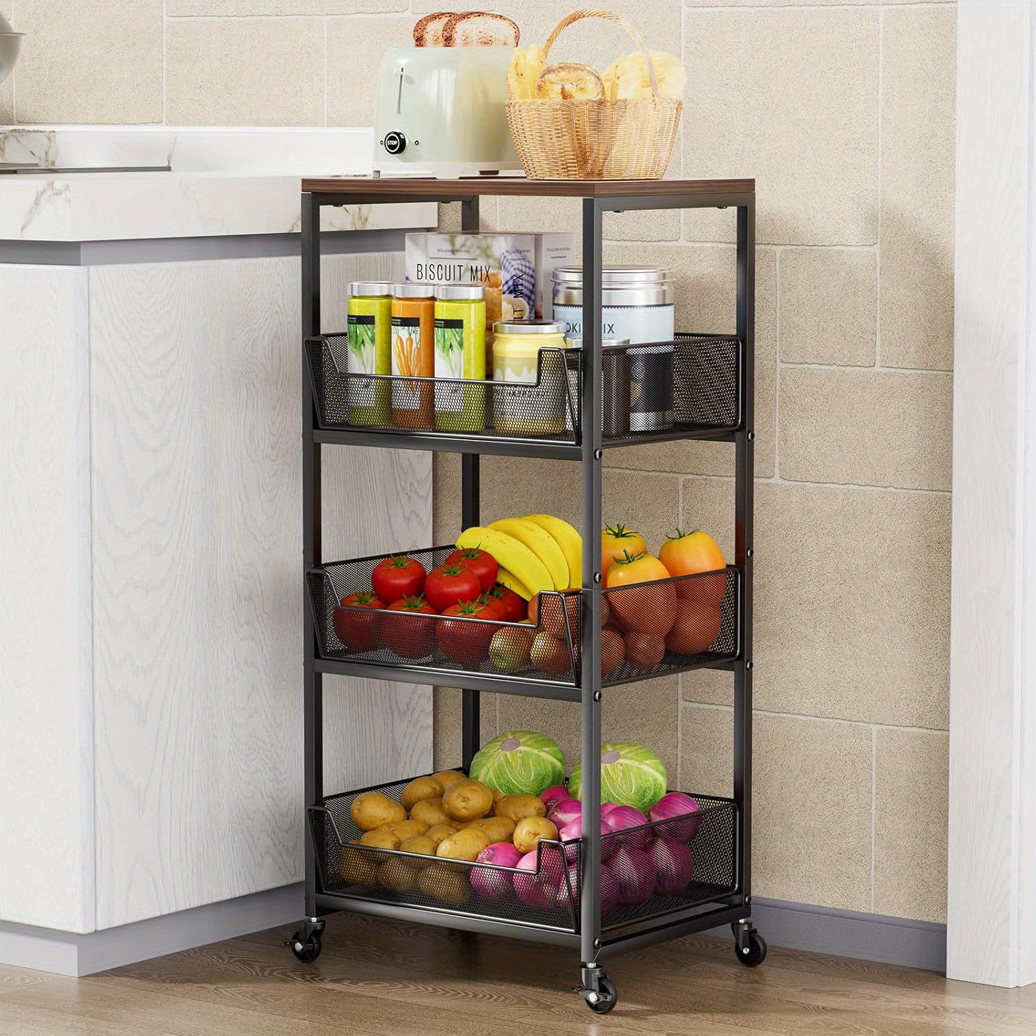 4-tier Rolling Storage Cart With Wooden Top, Versatile Organizer For Household Items, Tools, Decor, And Other Essentials, Sturdy Cart With Wheels For , Flexible Use In Home, Office, Or Workshop