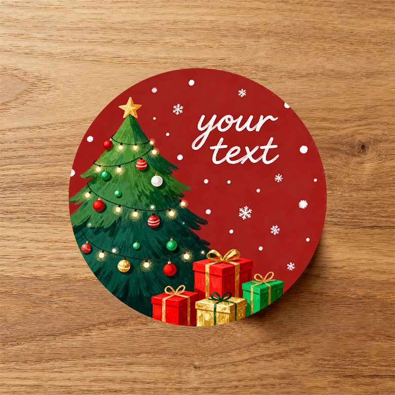 TEMU Personalized Christmas Stickers Featuring A Festive Tree With A , Red Ornaments, And Candy Canes, Along With Gift Boxes, Saying 'merry