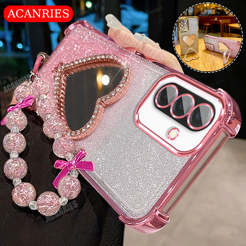 TEMU Phone Case: Acanries Bling Heart Kickstand Luxury Star Bead Wrist Strap Lanyard For Woman Girls Plating Gradient Glitter Shockproof Phone Case