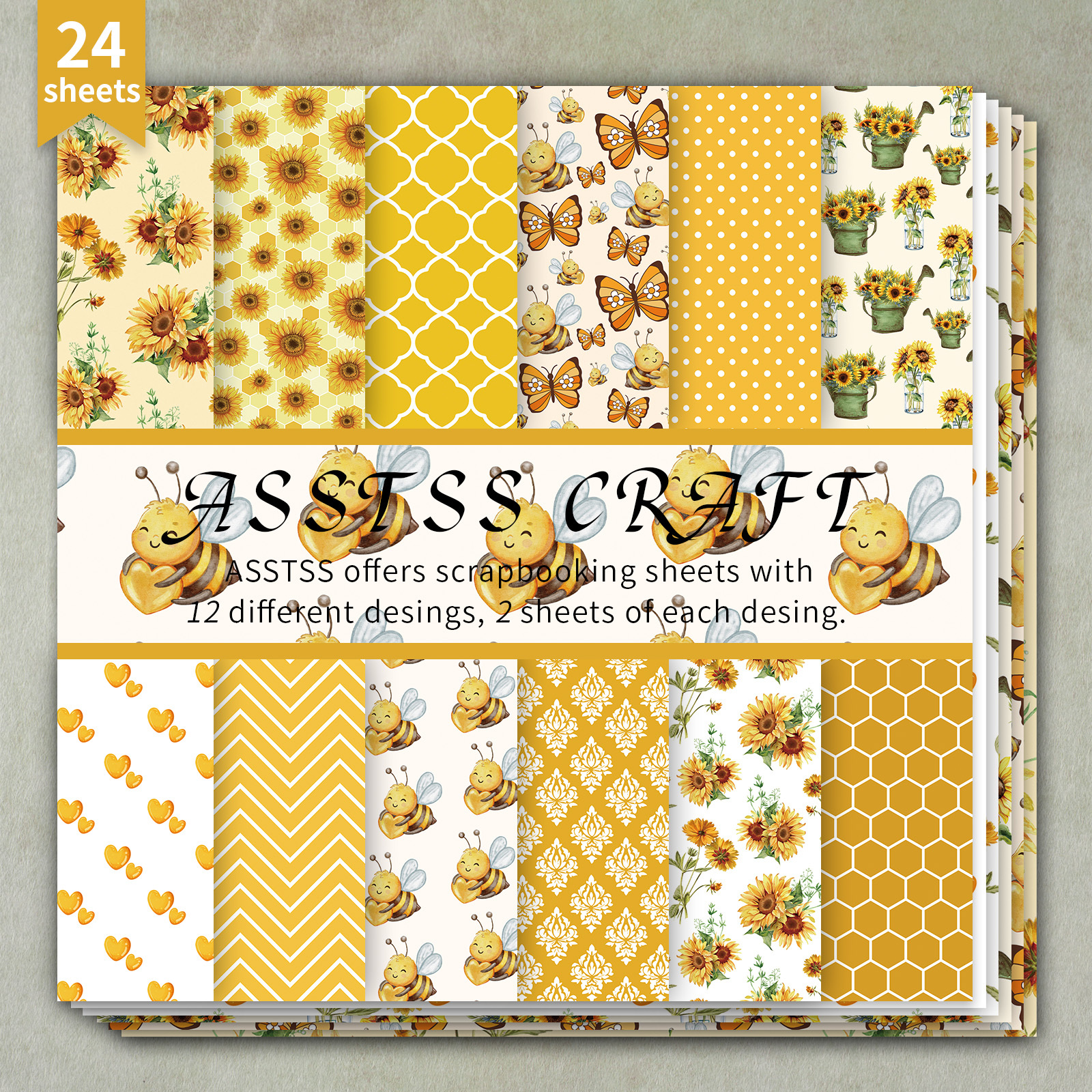 TEMU 24-sheet Asstss 6*6-inch Scrapbooking Paper Pad, Bee And Sunflower Warm Style Backing Paper Supplies, Heavyweight Cardstock For Journaling,