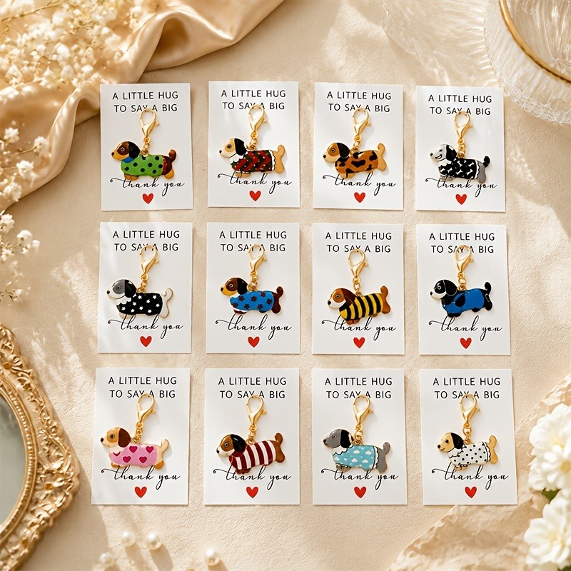 TEMU Ensemble cadeau de 24 porte-clés chien teckel à , 12 porte-clés mignons de chien de dessin et 12 cartes de remerciement, ajouts amusants sur le