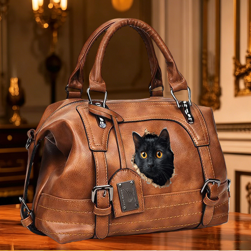 TEMU 1pc Women's Shoulder Bag, Crossbody Bag, Handbag, Fashion Daily Bag With Black Cat Broken Hole Print, Retro Style Large Capacity Bag For Women