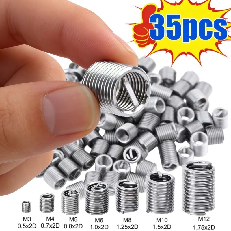 TEMU Kit de 35 pièces de vis à spirale , manchons filetés en fil d'acier inoxydable, inserts filetés, vis de réparation, fixations métalliques M3-M12