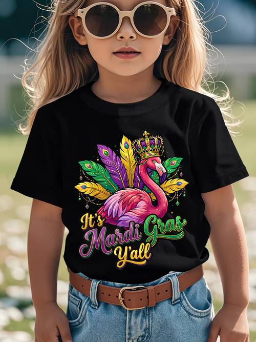 boys and girls mardi gras flamingo t shirt vintage short sleeve with flamingo print and mardi gras slogan suitable for childrens birthday outfits and casual wear