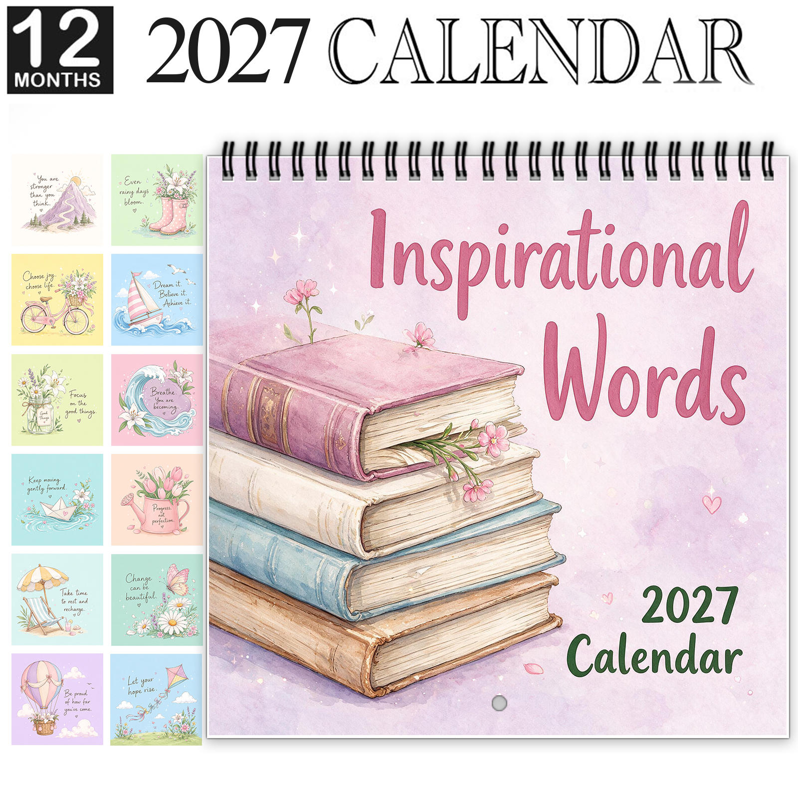 TEMU 2027 Inspirational Quotes Wall Calendar, Spiral-bound 12-month Monthly Planner On Thick Paper, Watercolor Floral Illustrations For Halloween &