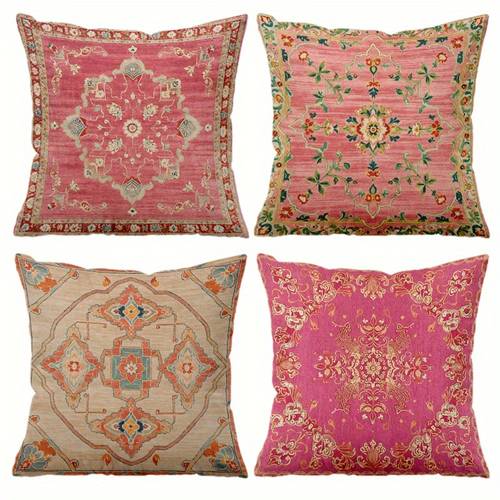 4 stuks kussenhoezen, kussenslopen/kussenhoezen, vintage hofstijl bloem geometrisch decoratieve kussenslopen, retro romantisch thema, beige vintage kleurontwerp, enkelzijdige bedrukking, ritssluiting machinewasbaar, polyester materiaal