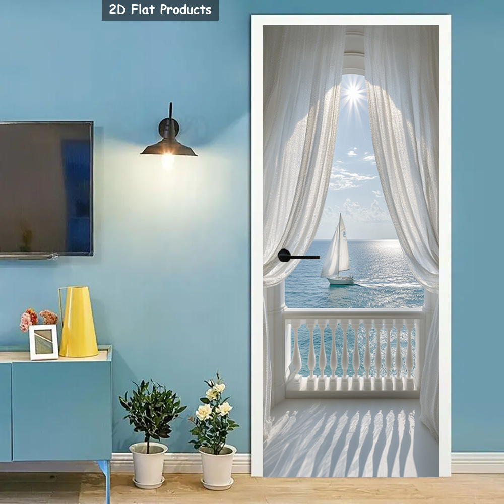 1 pair pvc glossy marine themed balcony door decals realistic 2d   window stickers with 3d illusion no tools   sailboat mural for sliding doors walls mirrors peel stick wallpaper 2d flat