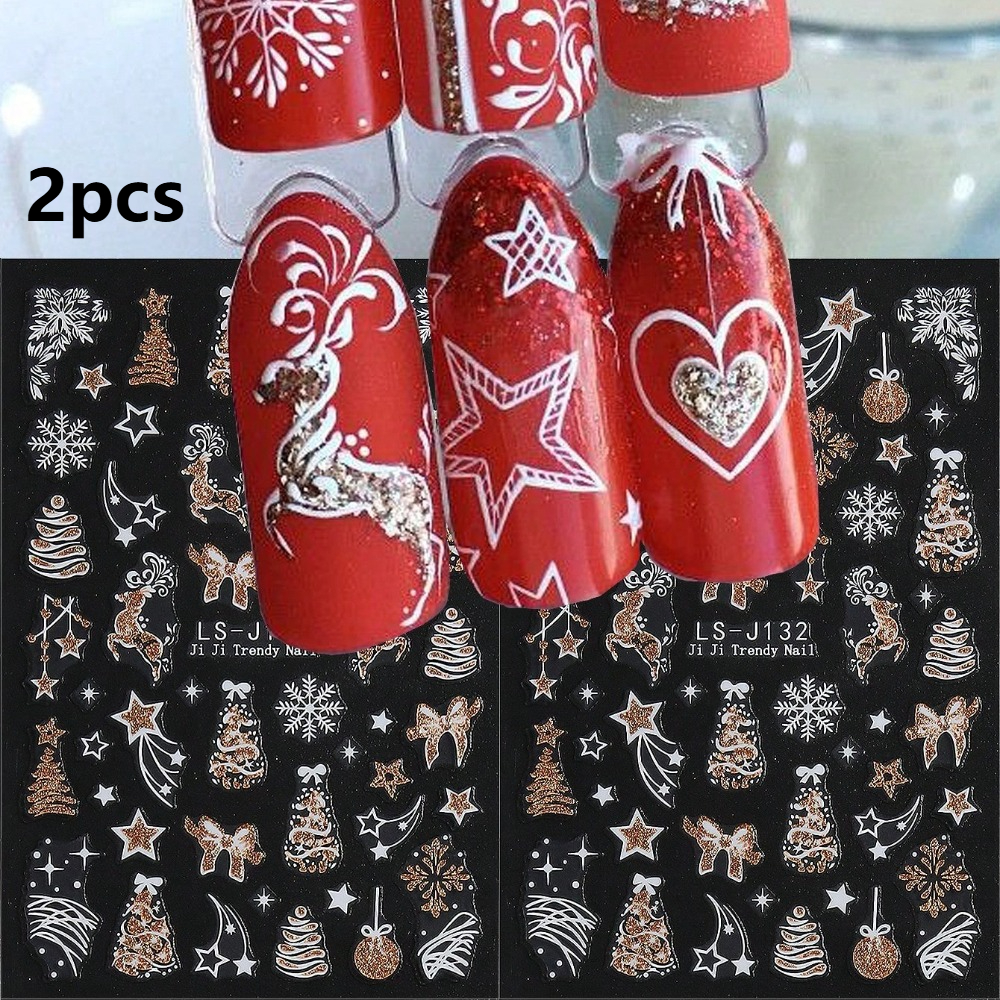 Image of 2 Sheets Christmas Nail Stickers Glitter Snowflake Elk Bell Christmas Tree Star Decals Self-adhesive Sliders Suitable For Nail Art Decoration Diy New Year Nail Art Supplies