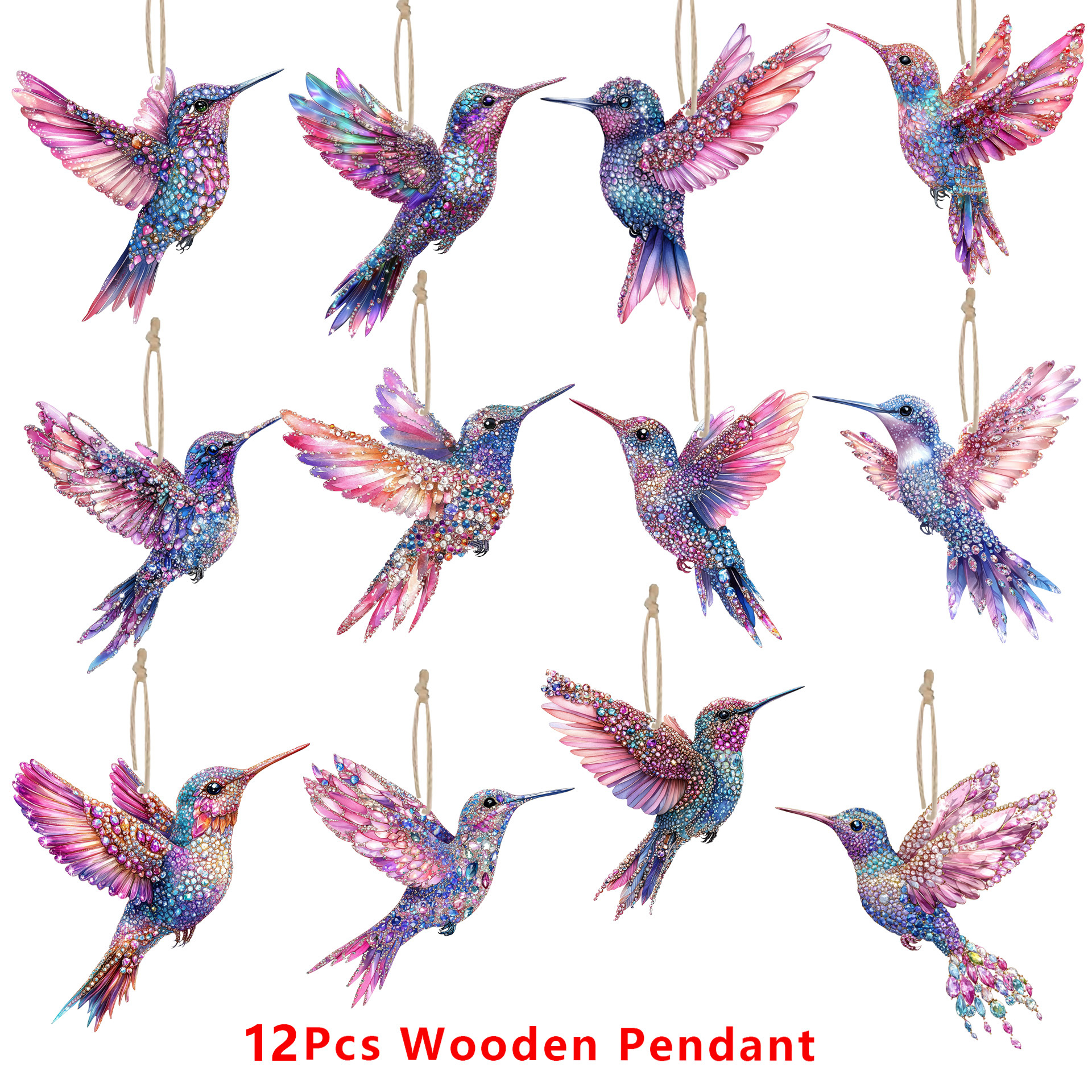 

12pcs Wooden Hummingbird Pendants, 2d Flat Fashion Bird Charms, No-gem Decor, Holiday Ornament, Major Material: Wood