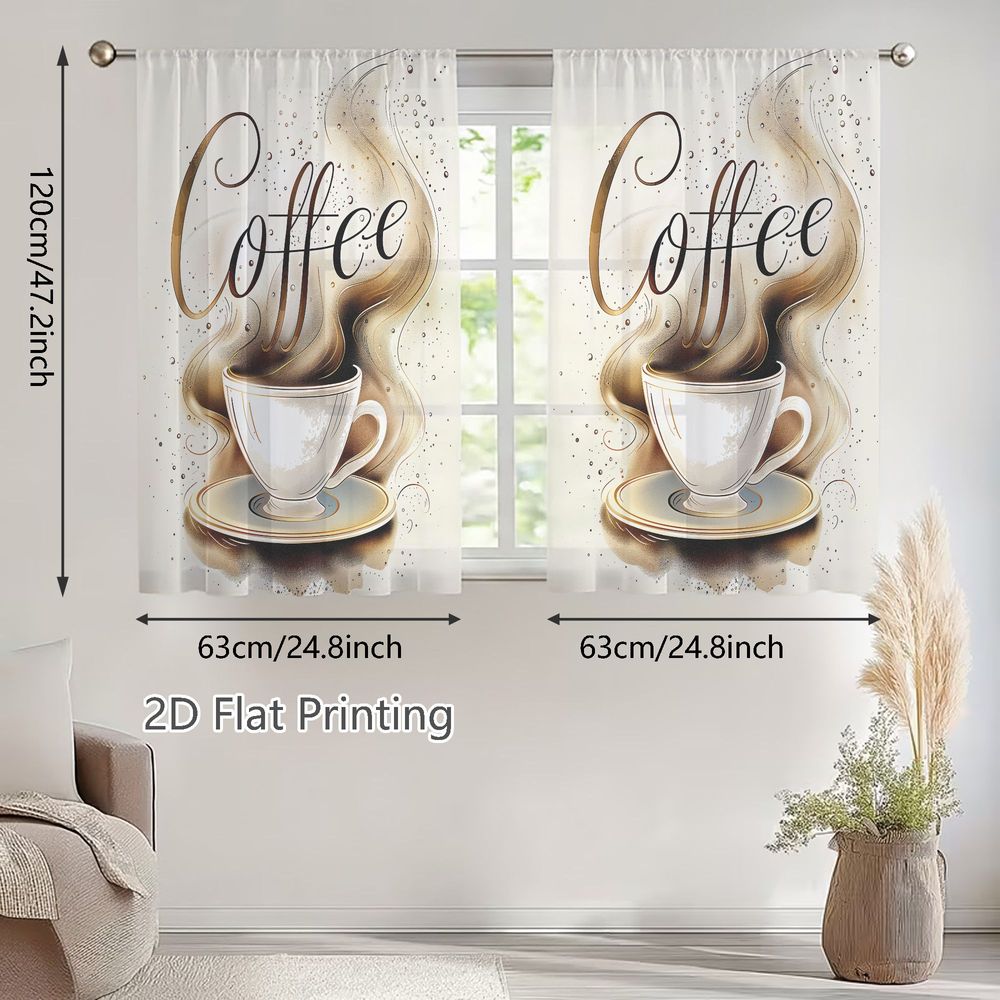 TEMU 2D Plat - 2D Plat - Ensemble de rideaux transparents légers pour et l'été, avec un design ludique de tasses à café blanches avec des accents
