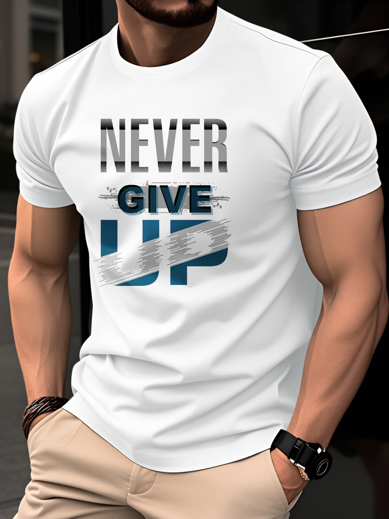 100% Cotton Men's T-Shirt, Summer Short Sleeve Thin Top, Trendy Fashion Slim Fit Youth Casual Versatile Daily Commute Sports Fitness NEVER GIVE UP English Print Letter Pattern