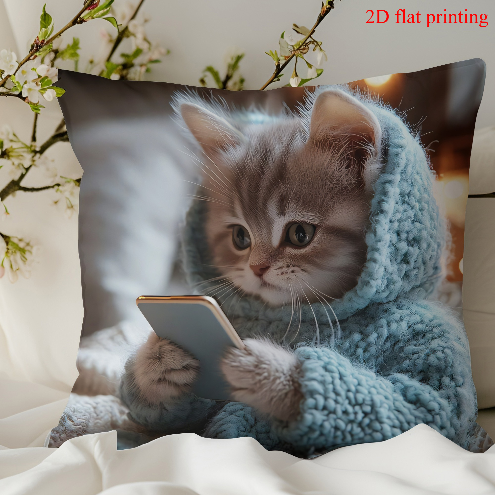 TEMU 1pc Of Kitten Playing With Phone Decorative Pillowcase, Soft Velvet, , Suitable For Various Room Types, Machine Washable, For Room, Sofa,