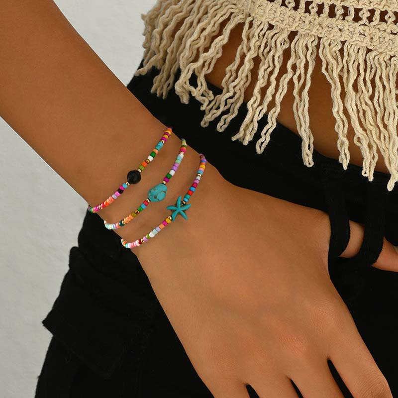3pcs Boho Starfish Turquoise Beaded Bracelet Set