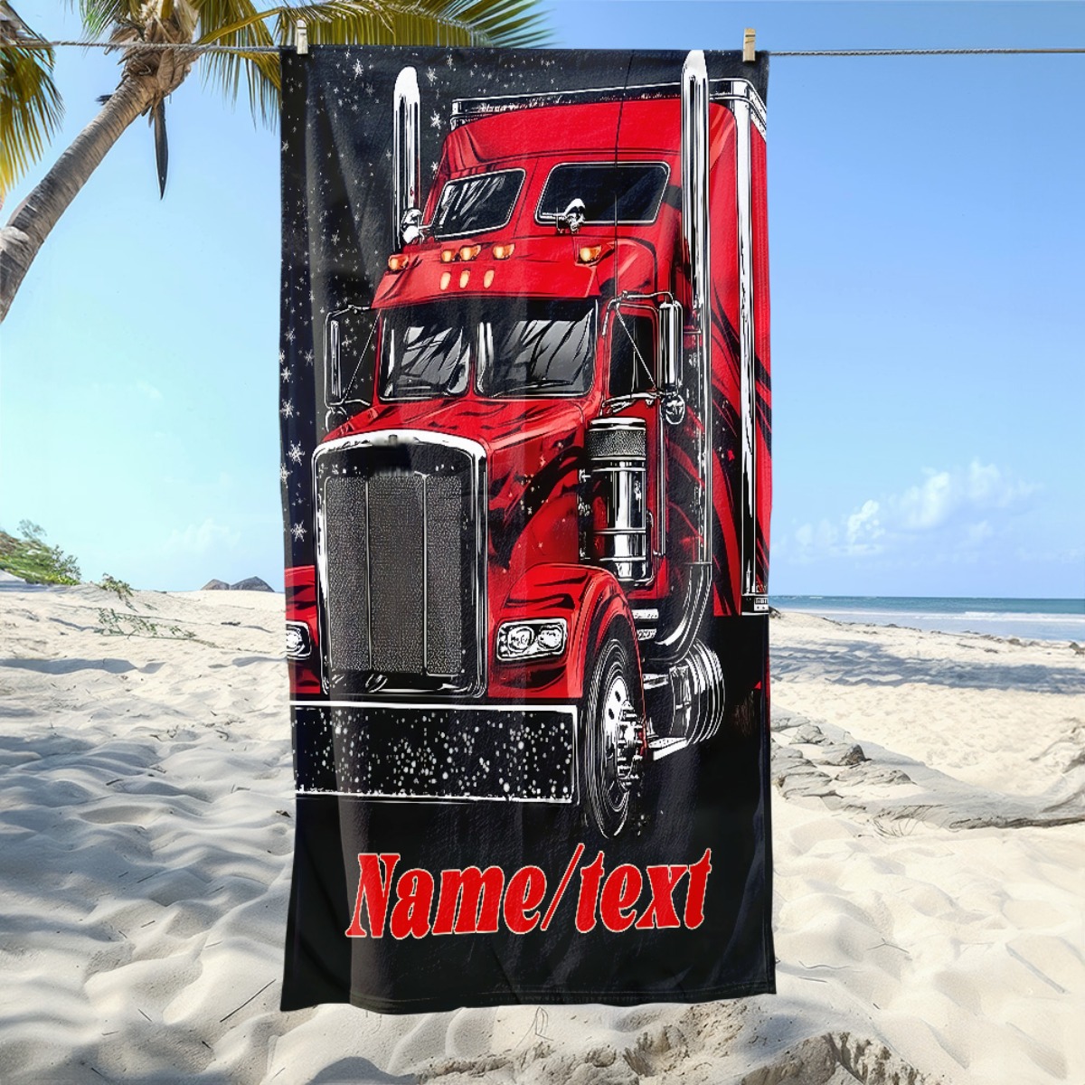 TEMU 1pc Truck, Red, Powerful Custom Name Beach Towel - Soft, Ultra-absorbent Microfiber, Lightweight, Beach, Parties, Travel, Camping -