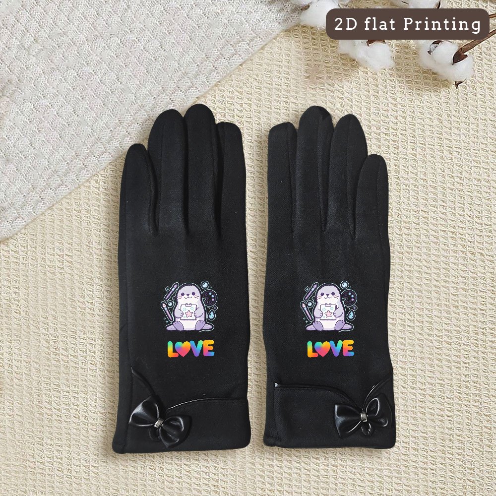 Women's Seal Print Fleece-Lined Touchscreen Winter Gloves with Bow