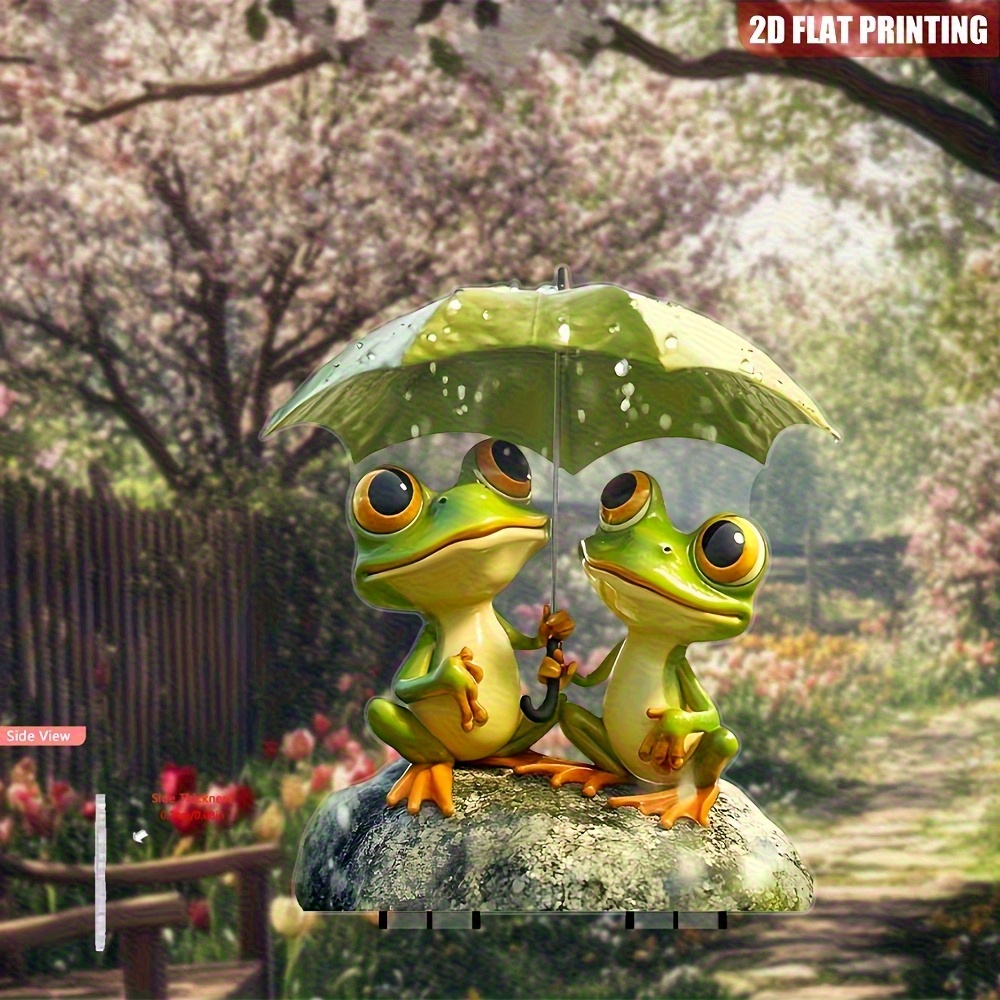 E-shop 2D-Flach, . Acryl-Gartenstecker -Paar mit Schirm – Wetterfest – Außendekoration, lebhaftes grünes -Design langlebiger Erdspieß für Vorgarten,