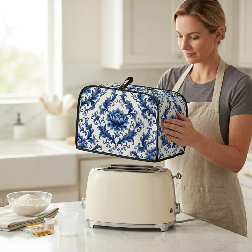 TEMU Vintage Blue And White Toaster Cover (2-), Dust-proof Kitchen Appliance Protector With Handle, Damask Floral Countertop Decor