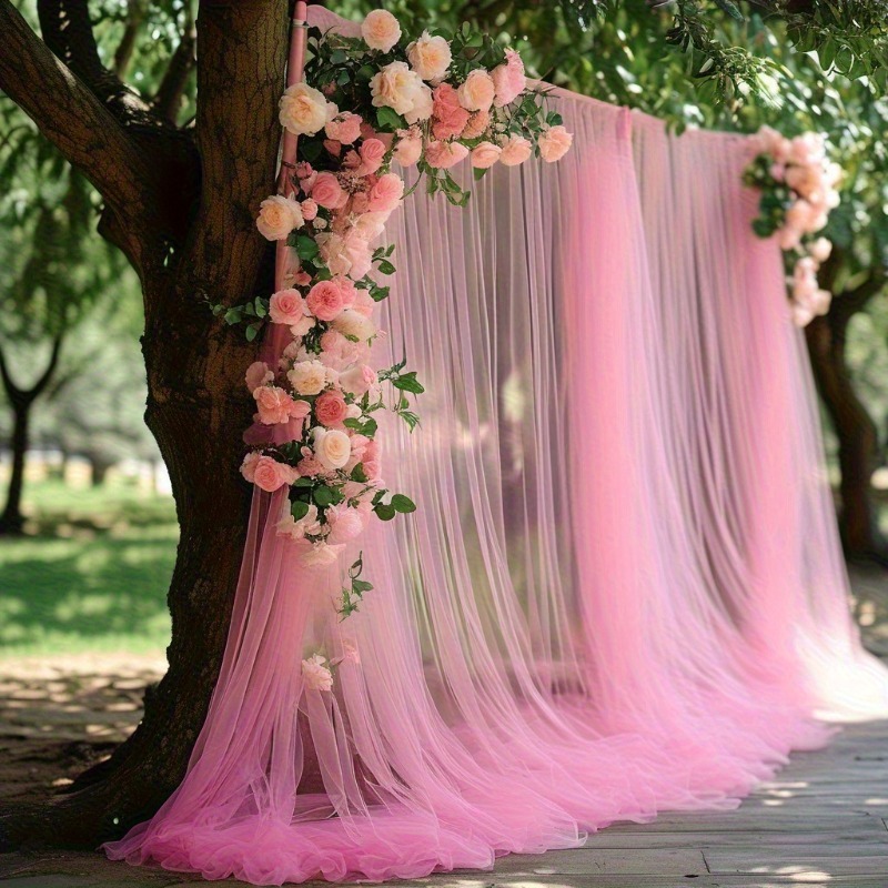 TEMU 2pcs Set Pink Wedding Party Backdrop Decorations - Soft Polyester Tulle, Size 299.72 X 149.86 Cm - Fabric, Ideal For Occasions Like Valentine's