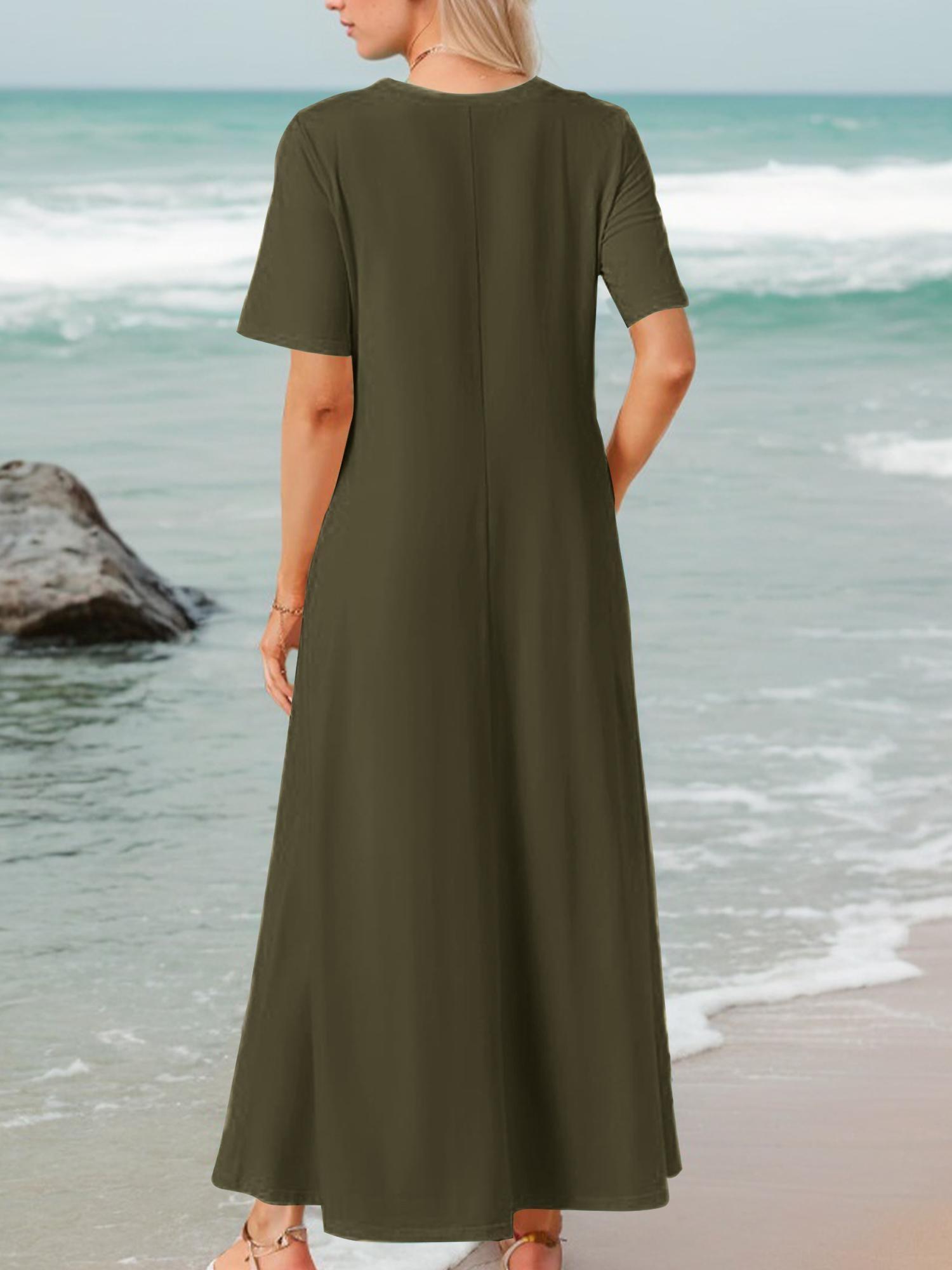 Plus Size, Plus Size Women's A-Line Maxi Dress with Pockets - Short Sleeve  Round Neck Casual Dress, Loose Fit Umbrella, Solid Color Spring Summer Fall