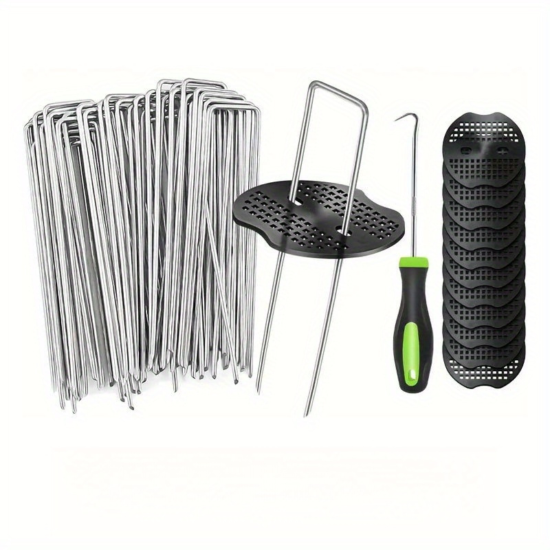 

101pcs 50pcs U-shaped Stake 50pcs Gasket 1pc Hook Nail U-shaped Stake, Lawn Film Nail, Suitable For Outdoor Tent 7-type Nail, Gardening Cloth Nail, Galvanized , Weeding Cloth Nail