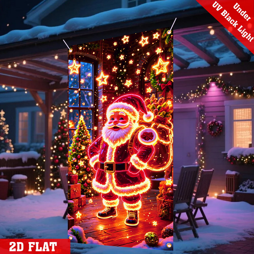 2D Plat, 1-delige Glow-in-the-Dark Kerst Deurbanner met Kerstman - UV-geactiveerde Zelfverlichtende Decoratie, 2D Plat Ontwerp voor Binnen/Buiten Vakantiedecoratie, Winterfeest & Huis Wanddecoratie, Kerstversiering, Feestelijke Wanddecoratie
