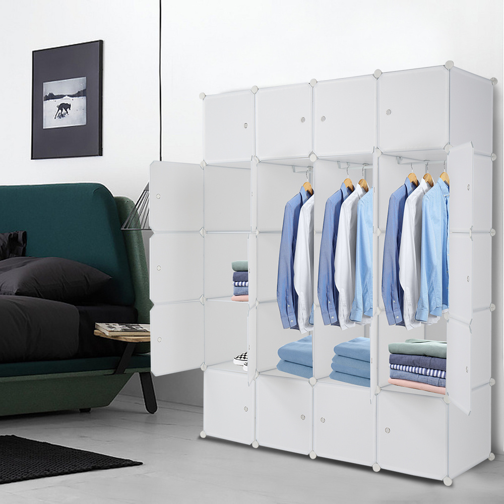 Image of Organizer Stackable Plastic Cube Storage Shelves Design Multifunctional Modular Closet Cabinet With Hanging Rod White