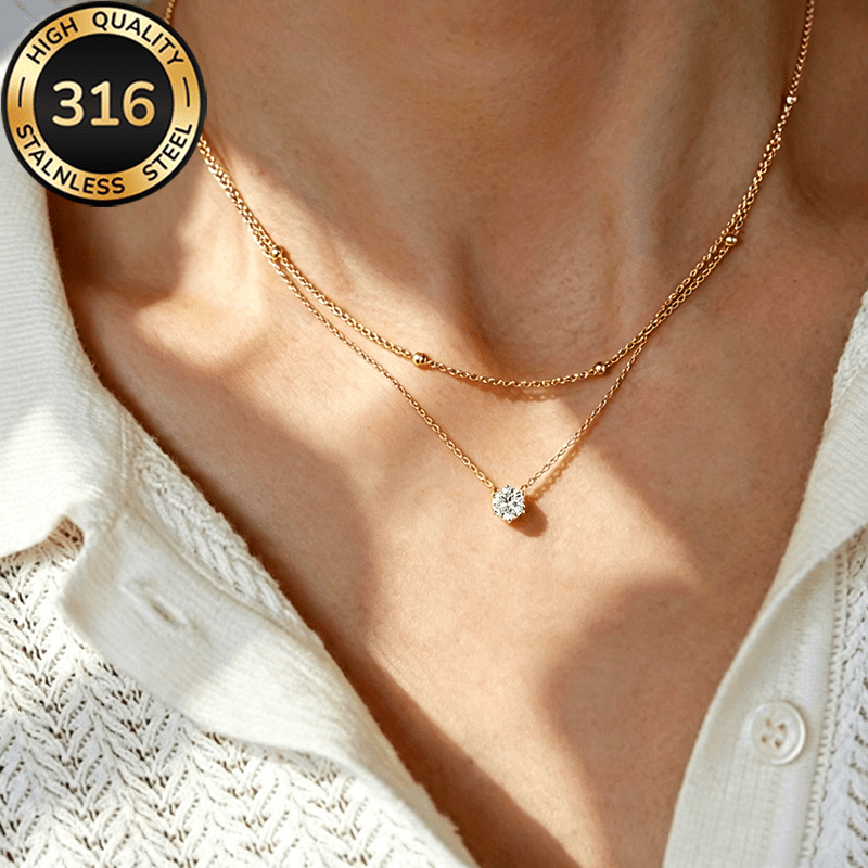TEMU 1pc Light Luxury Elegant Stainless Steel Golden Double-layer Beaded Necklace, Women'-layer Pendant Necklace, Stainless Steel Jewelry Chain