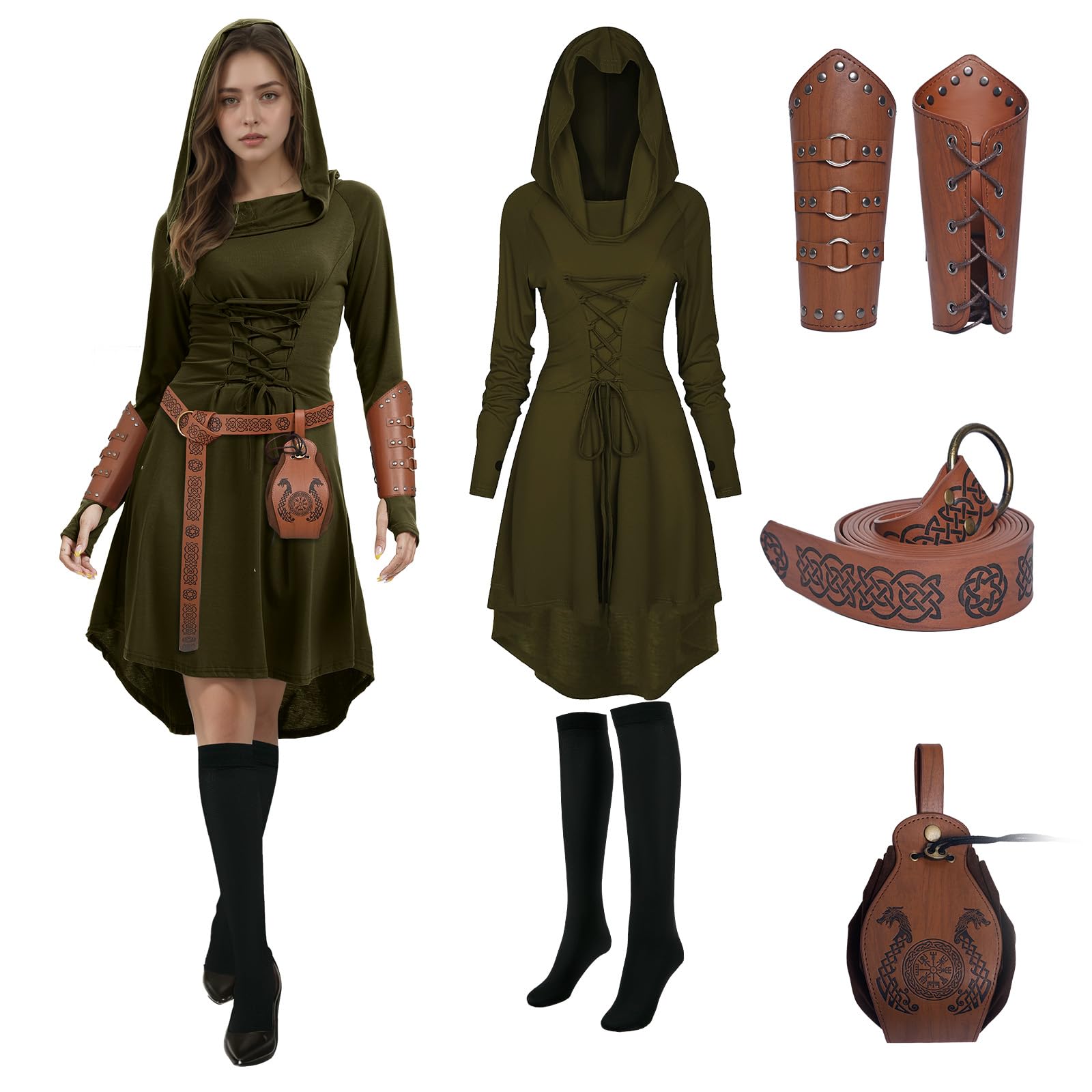 Image of 5pcs Costume Medieval Hooded Skirt Vintage Printed Belt And Waist Bag