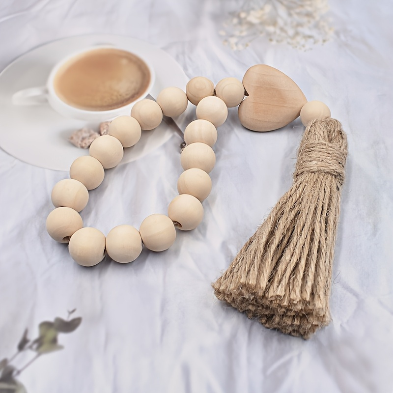 Image of Pearl And Wood Garland With Heart-shaped Pom-pom- Romantic Decoration Valentine's Day, Contemporary Style, Natural Wood Beads, No Batteries Needed, Living Room Or Bedroom