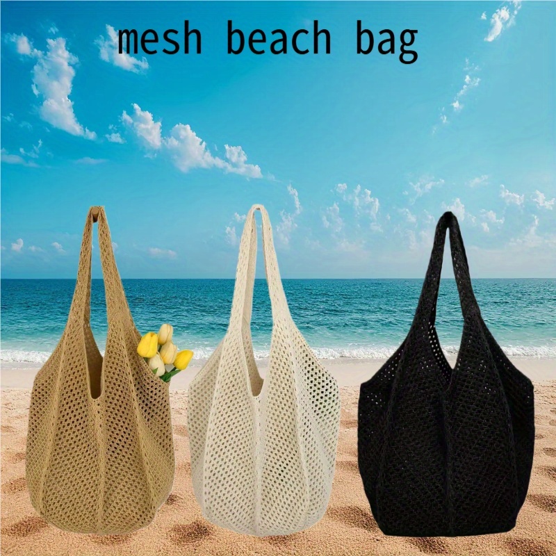 2pcs bohemian mesh beach tote bags for women lightweight crochet   in khaki and black   pool travel and   poolside accessories fixed shoulder straps 0