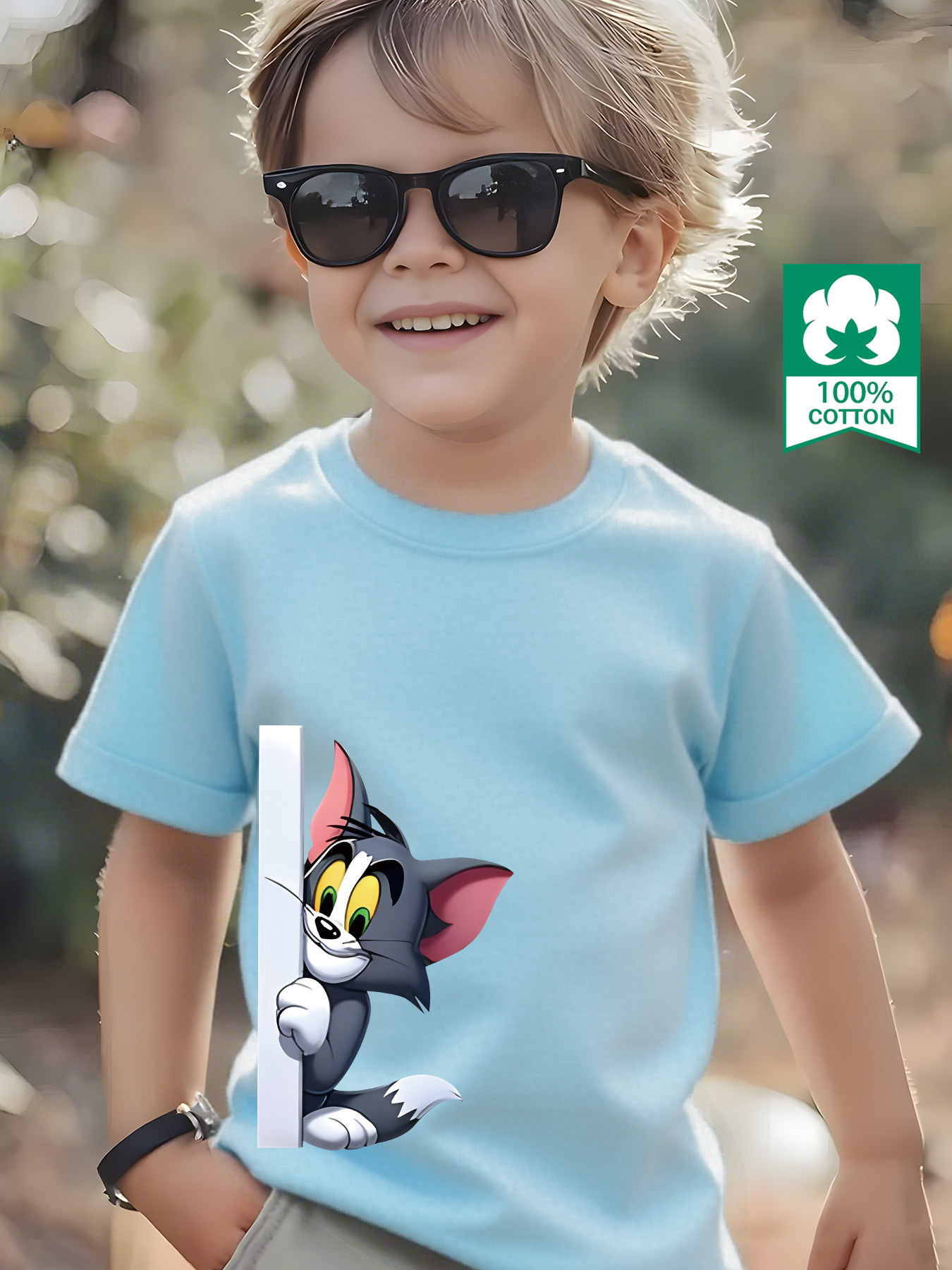 100% Pure Knitted Short-Sleeve T-Shirt, Breathable And Sweat-Absorbing, a Casual And Versatile Round-Neck Short-Sleeve Top for Boys, Featuring a Cute TOM And JERRY Cartoon Print, Machine Washable - Available in 10 Options, Sweat-Resistant