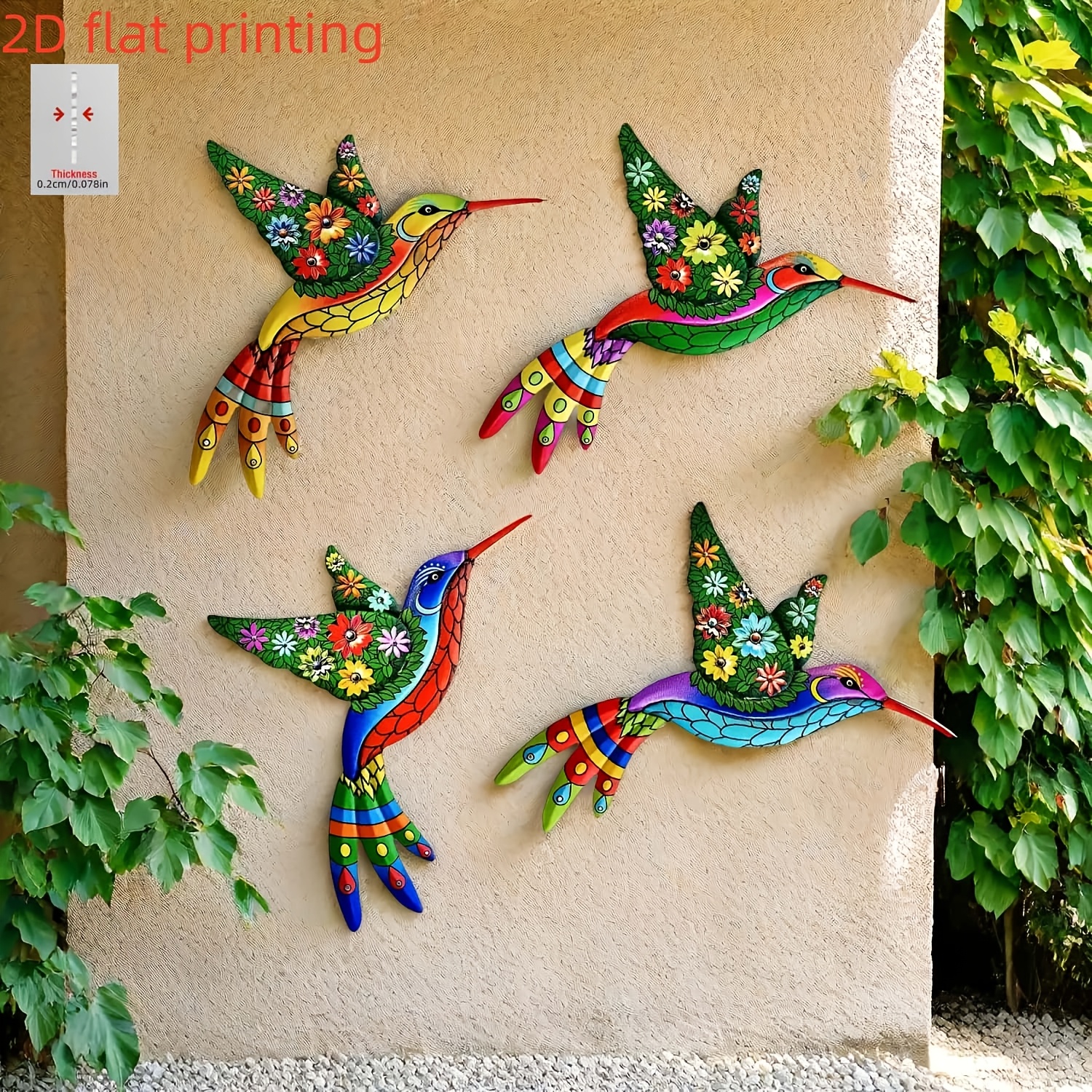 TEMU 2d Flat - 【2d Flat】 2d Flat - [2d Flat] 2d Flat, 4pcs New Exquisite Acrylic Hummingbird Wall Decorations, With Beautiful Flower Patterns ,