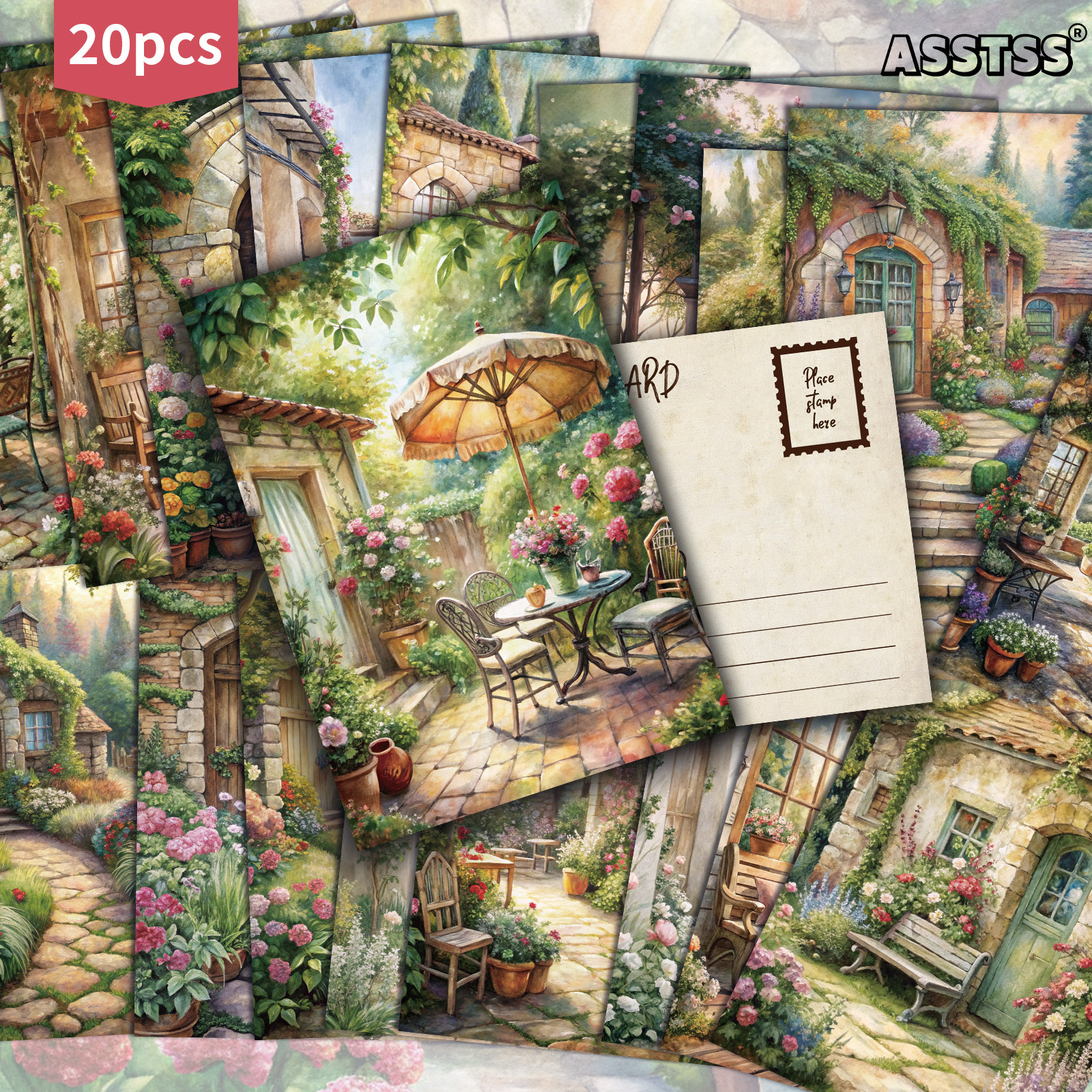 TEMU 20-pack Asstss Vintage Courtyard Garden Gift Cards - 4x6 Inches Retro Junk Journal Paper,single Or Double Sided, Classic Pinup Illustrations,