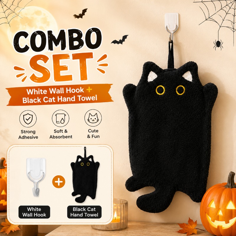 TEMU 2pcs Black Cat Towel Set - With Non-trace Adhesive Hook, Cute Plush Hanging Towel, Heat Insulation Pad, Countertop And Table Pad, Coral Wool