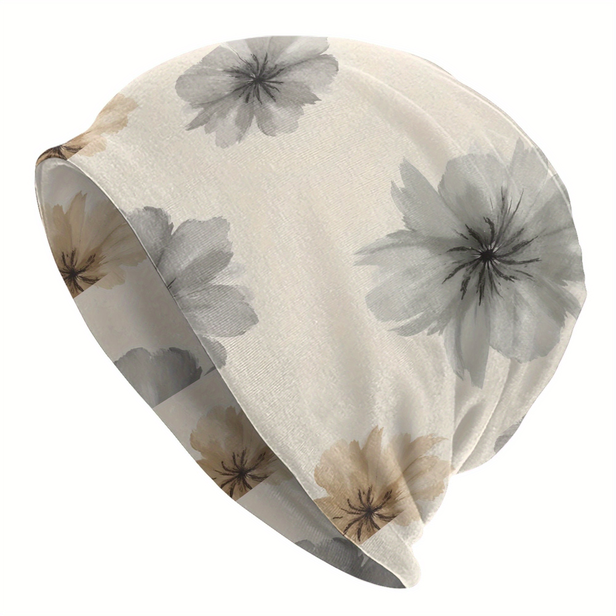 TEMU Retro Floral Bonnet Hat For - Lightweight Warm Beanie Cap In Grey & Beige, Soft Knit Streetwear Skullies For Autumn Spring, Casual Headwear,