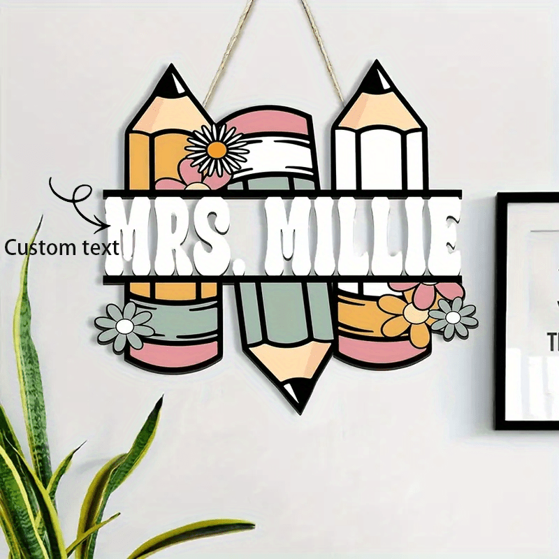 TEMU Décoration de porte d'enseignant en bois personnalisée, 2D plat, 1 pièce - Bouquet de crayons, de nom personnalisable, idéal pour la décoration