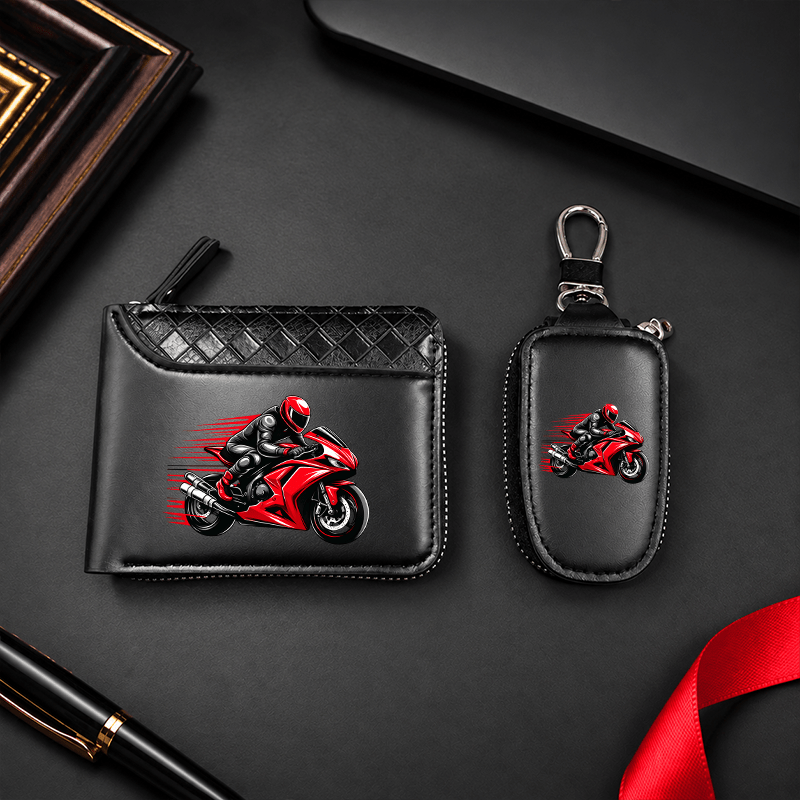 TEMU ZEAILI Set de billetera corta y bolso para llaves de PU lujoso para hombre, diseño con temática de motocicleta y estampados, diseño lujoso, y