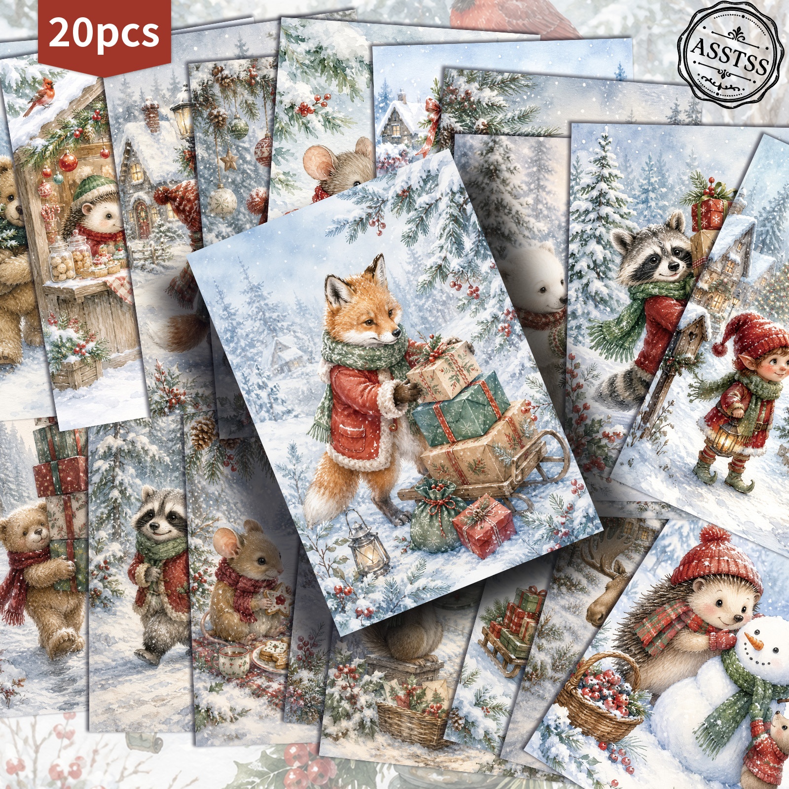 TEMU 20-pack Asstss Vintage Winter Christmas Animal Postcards - 4x6 Inches Retro Junk Journal Supplies, Classic Pinup Illustrations Collectible