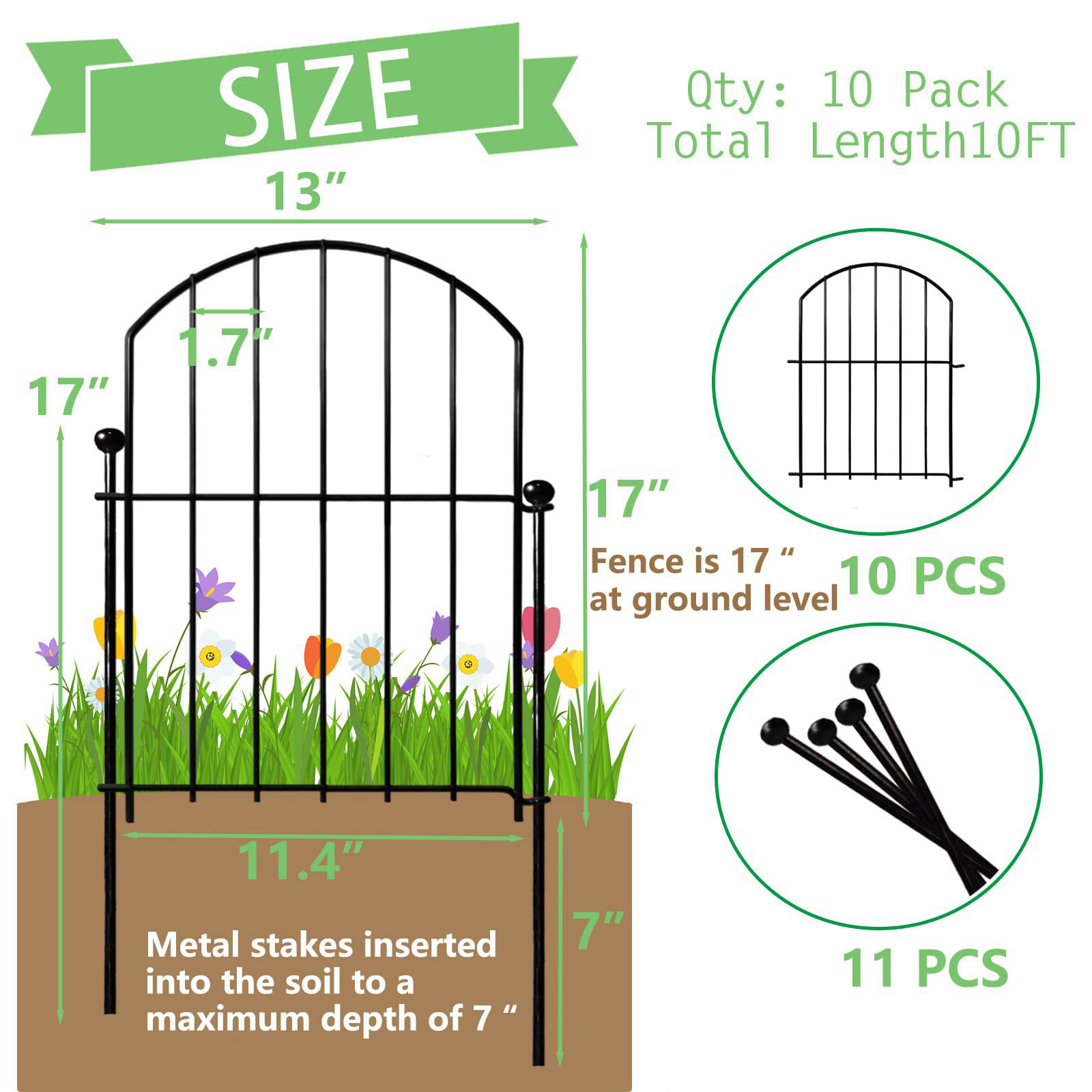 Image of [2d Flat] No Dig Decorative Garden Fence, 10 Panels With 11 Stakes, Animal Barrier Flower Bed Edging Border For Yard Lawn Landscaping