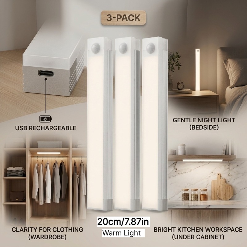 TEMU Paquete de 3 tiras de luces LED para gabinetes de 20 cm/7.87 in con sensor de movimiento y luz atmosférica, que , luz nocturna recargable