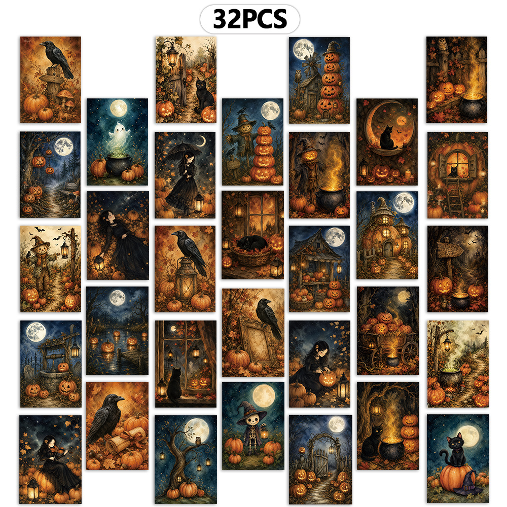 TEMU 32pcs, Halloween Themed Postcards, Pumpkin Crow Black Cat Illustration, Holiday Decor Wall Sticker Cards, Halloween Exchange Greeting Cards,