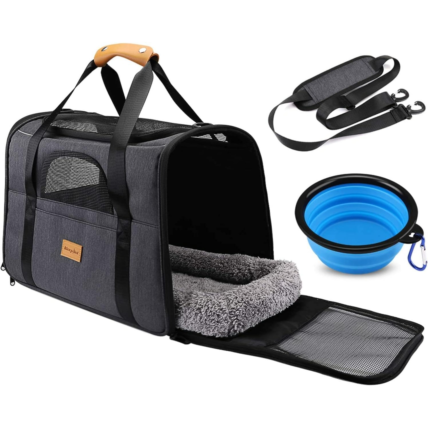 Portable Bag, Top Opening, Removable Mat And Breathable Mesh, Foldable Transport Carrier For Dogs And Cats, With Shoulder Strap And Pet Bowl, Grey