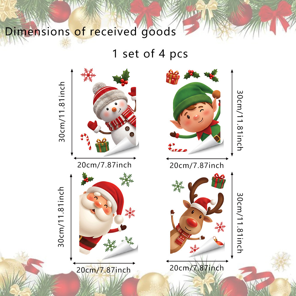 TEMU 4pcs Glass Stickers, Christmas Decor - Peeking Into Santa Claus, Snowman, Reindeer, Elf Illustrations, Glue-free Static Tear-off Reusable