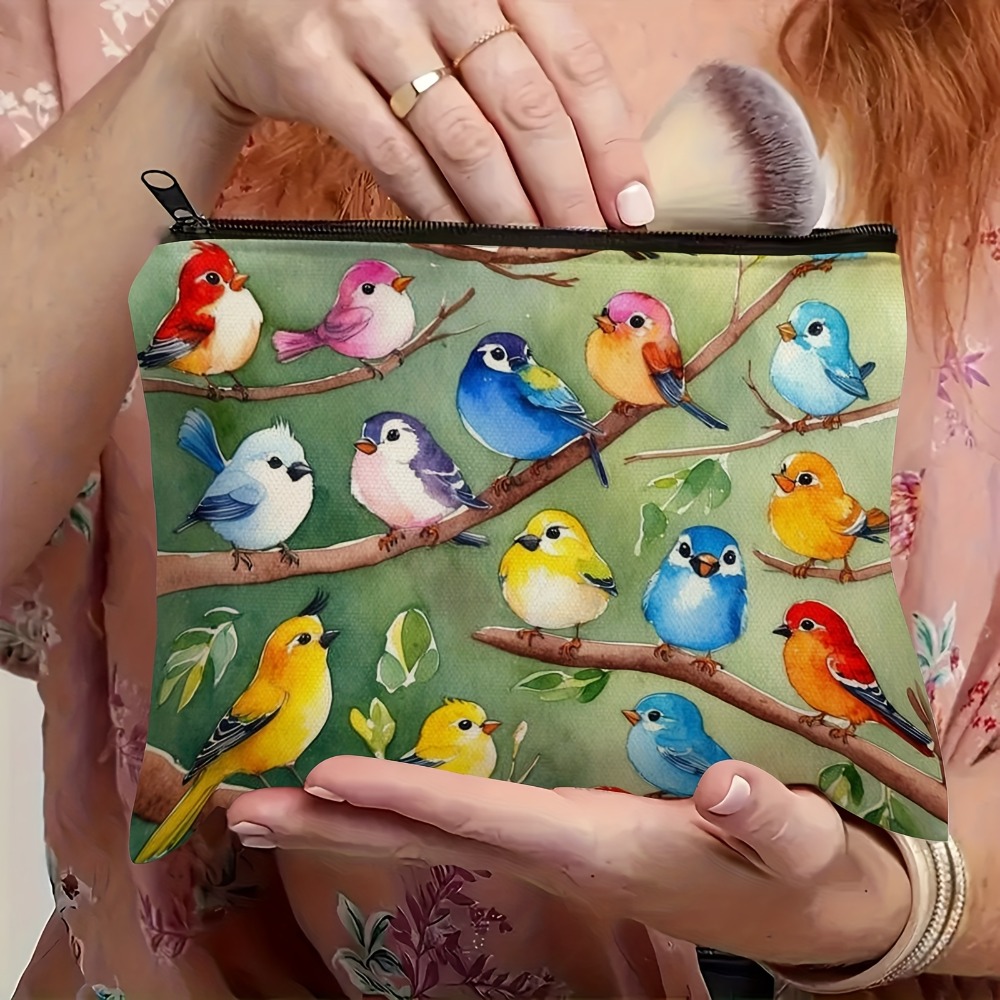 TEMU 1 pieza Bolsa con cremallera para mujer con pájaro colorido, neceser de maquillaje con diseño de cara, para guardar artículos de tocador y