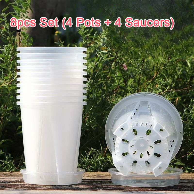 TEMU 8pcs Set (4 Pots + 4 Saucers) - Essential For Growing , Phalaenopsis Orchids, , Roses, And Other Potted Plants | Balcony Flower Pots | Planting